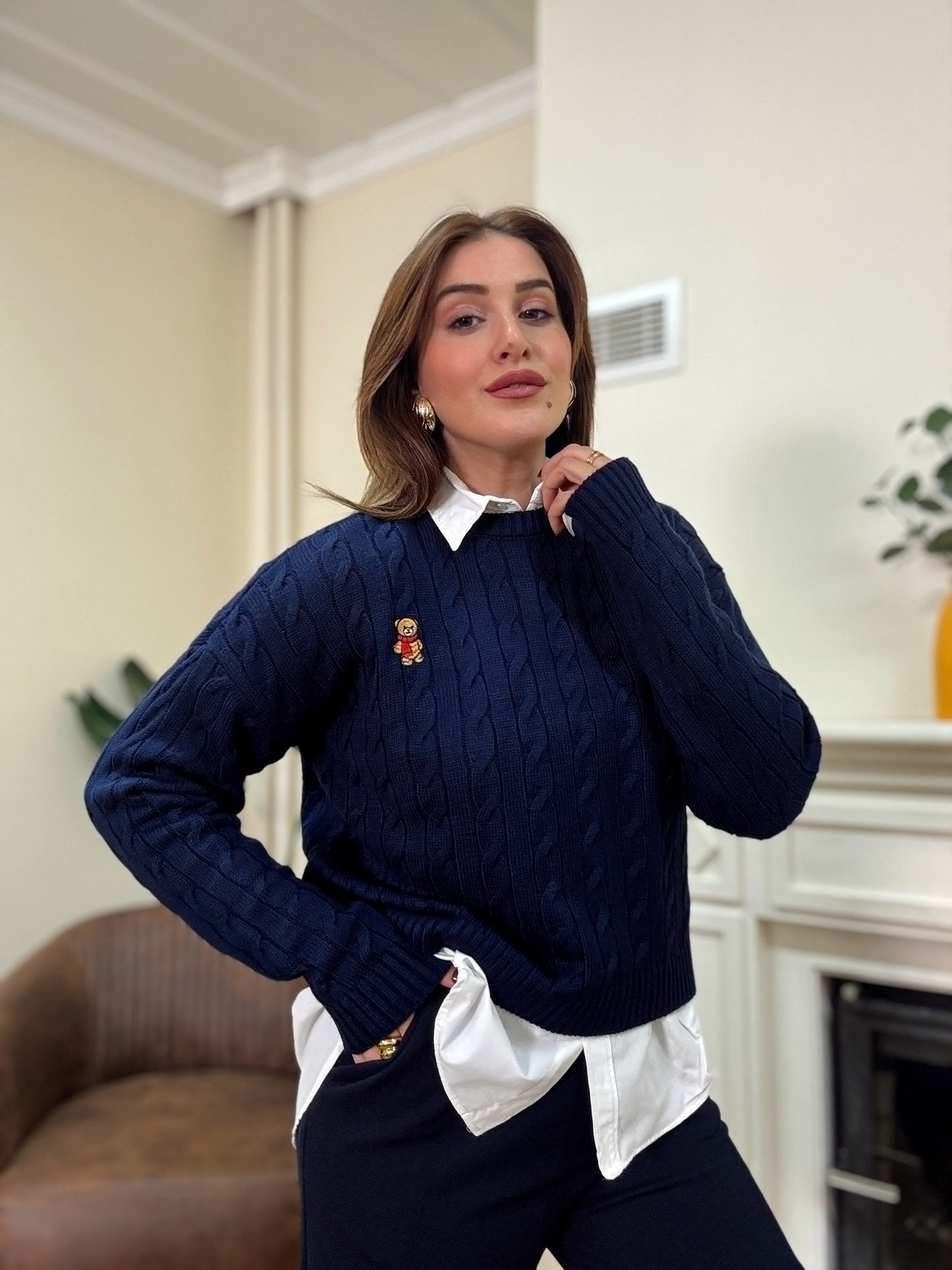 Saç örgü küçük ayıcık işlemeli kazak-LACİVERT