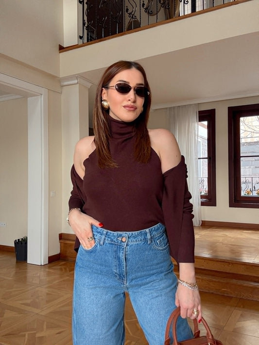 Halter yaka tek parça ceket-KAHVERENGİ