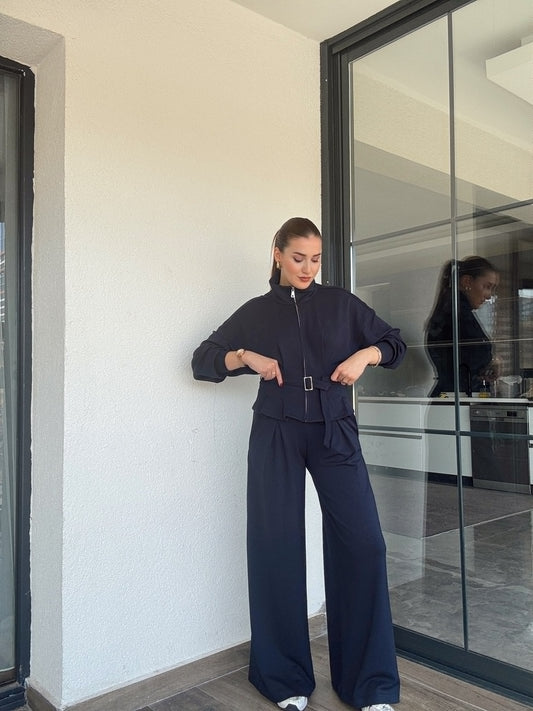Modal kumaş dik yaka etek pileli ceket pantolon takım-LACİVERT