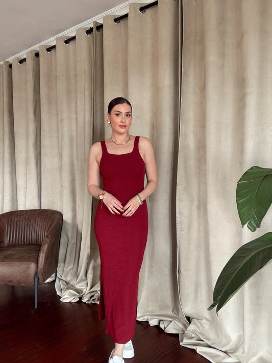 Yırtmaçlı Fitilli modal kumaş askılı elbise BORDO