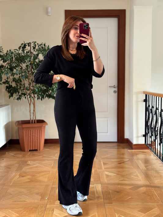 Fitilli bisiklet yaka crop bol paça pantolon takım-SİYAH