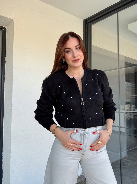 Fermuarlı Taşlı Triko Ceket Siyah