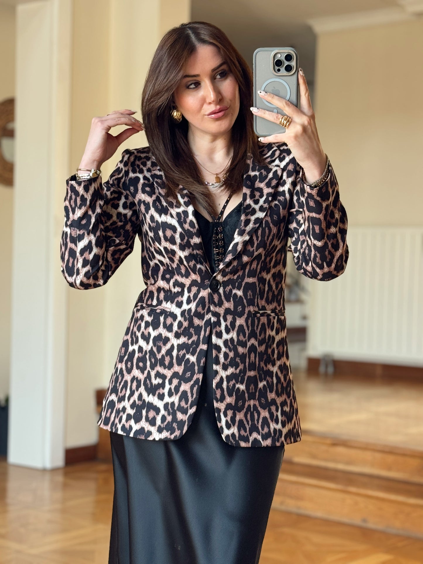 Tek Düğme leopar ceket Leopar