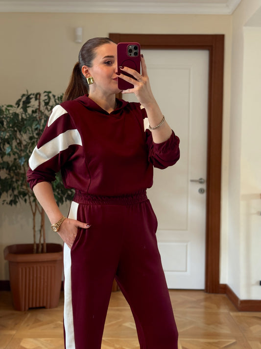 Modal Kapüşonlu Paça Lastikli Takım Bordo