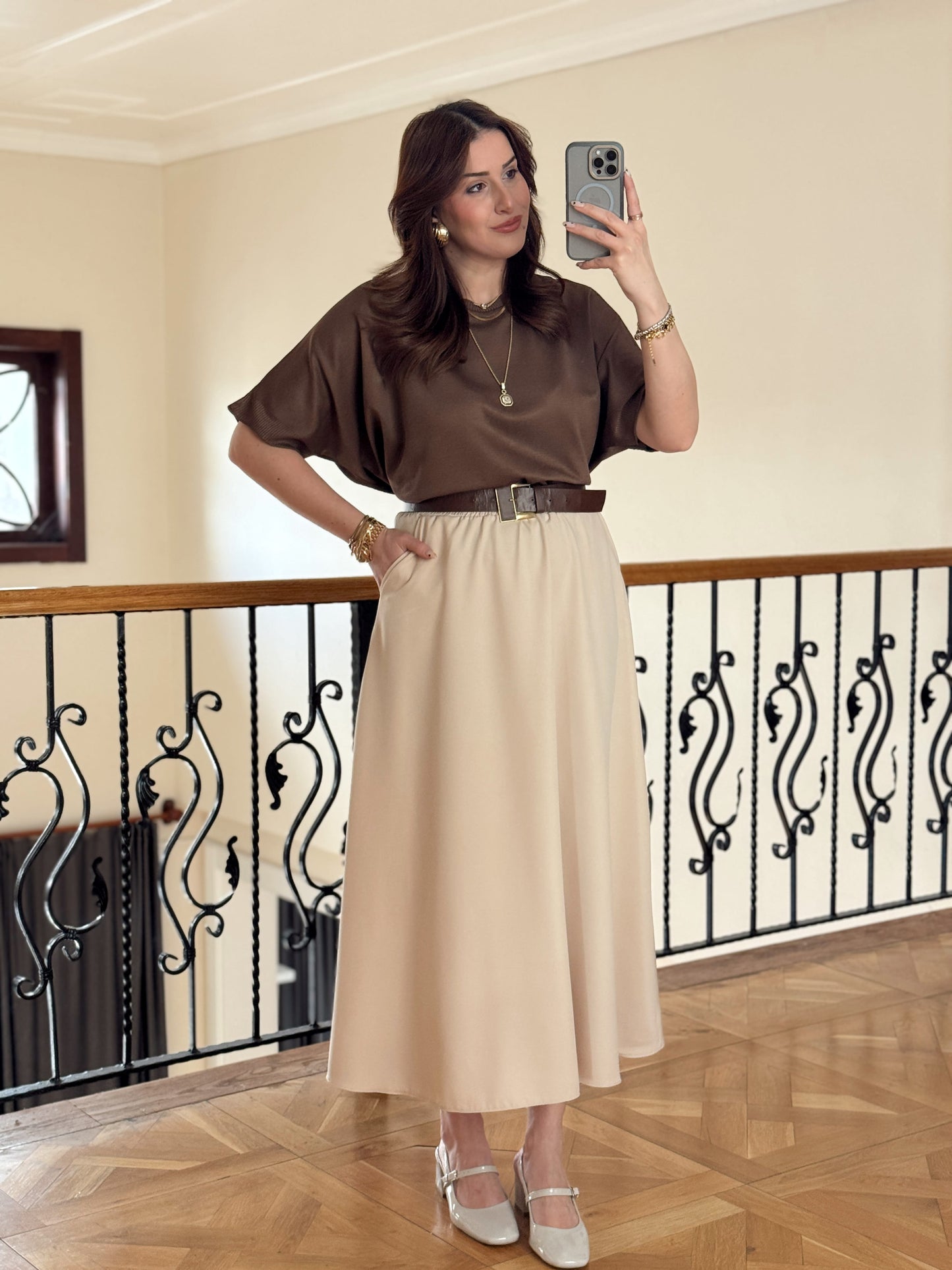 Double Yanı Cepli Etek-TAŞ