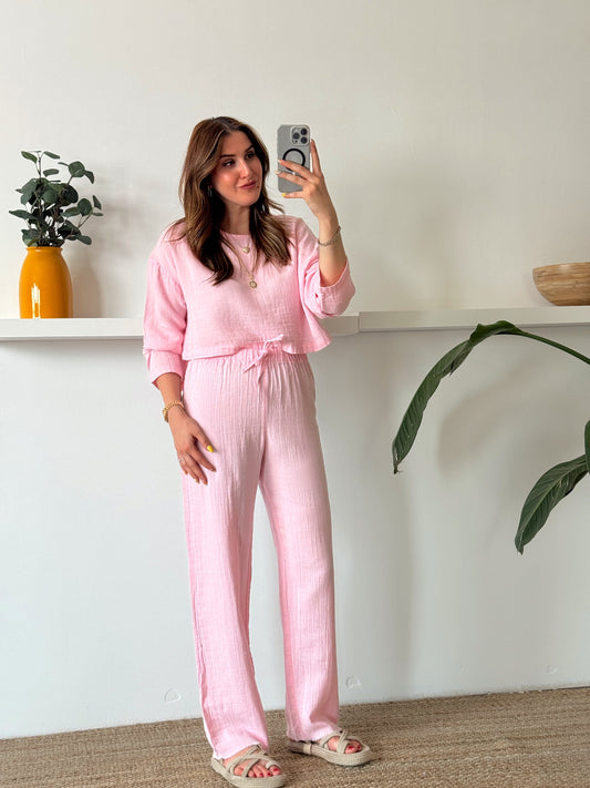 Keten uzun kol crop pantolon ikili takım PEMBE