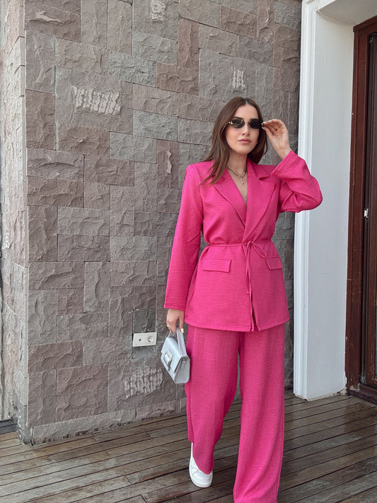 Keten kumaş ceket pantolon takım PEMBE