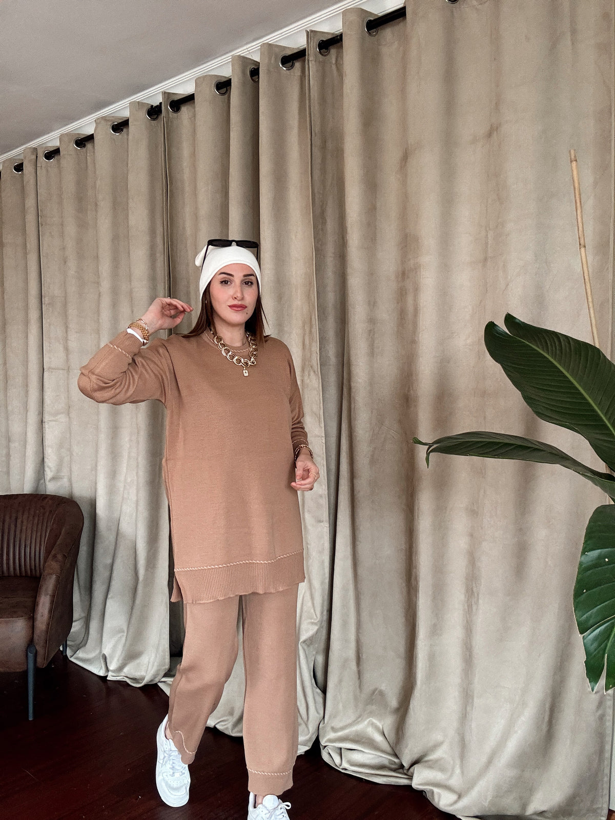 Kol ve Pantolon Desenli Triko Takım CAMEL