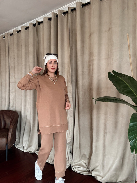 Kol ve Pantolon Desenli Triko Takım CAMEL