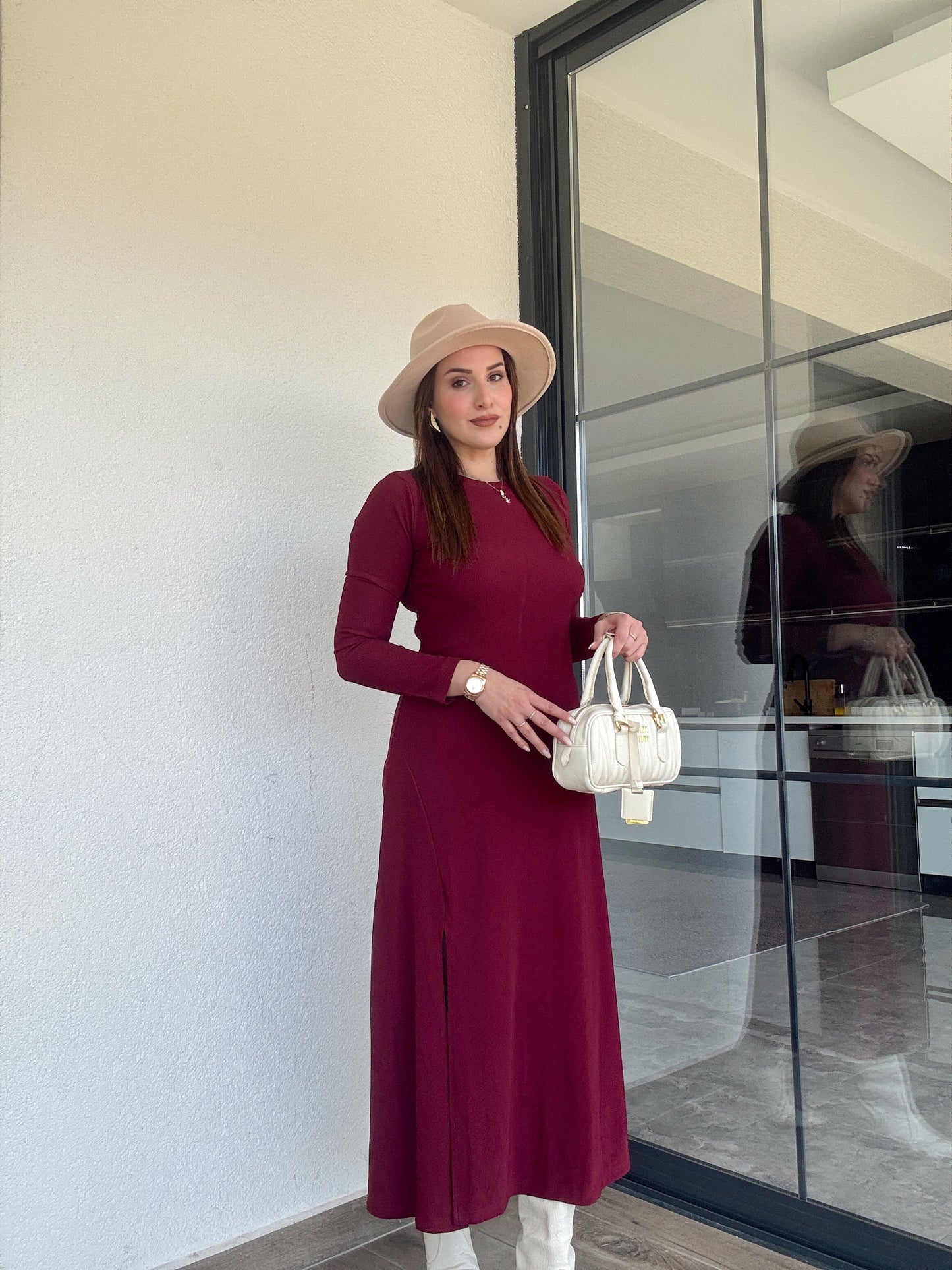 Bisiklet yaka yırtmaçlı fitilli elbise BORDO