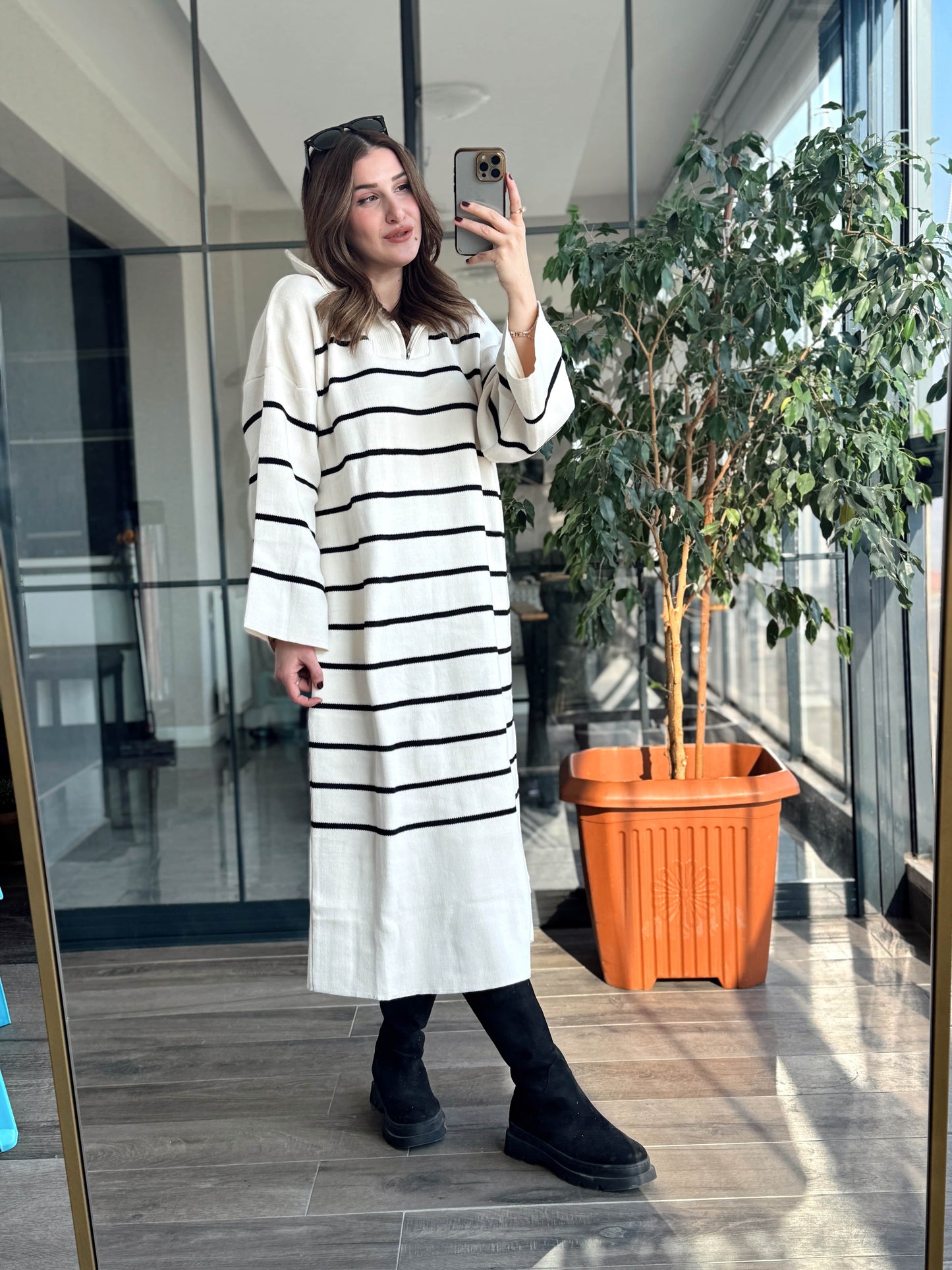 Fermuarlı Çizgili Triko Elbise LATTE