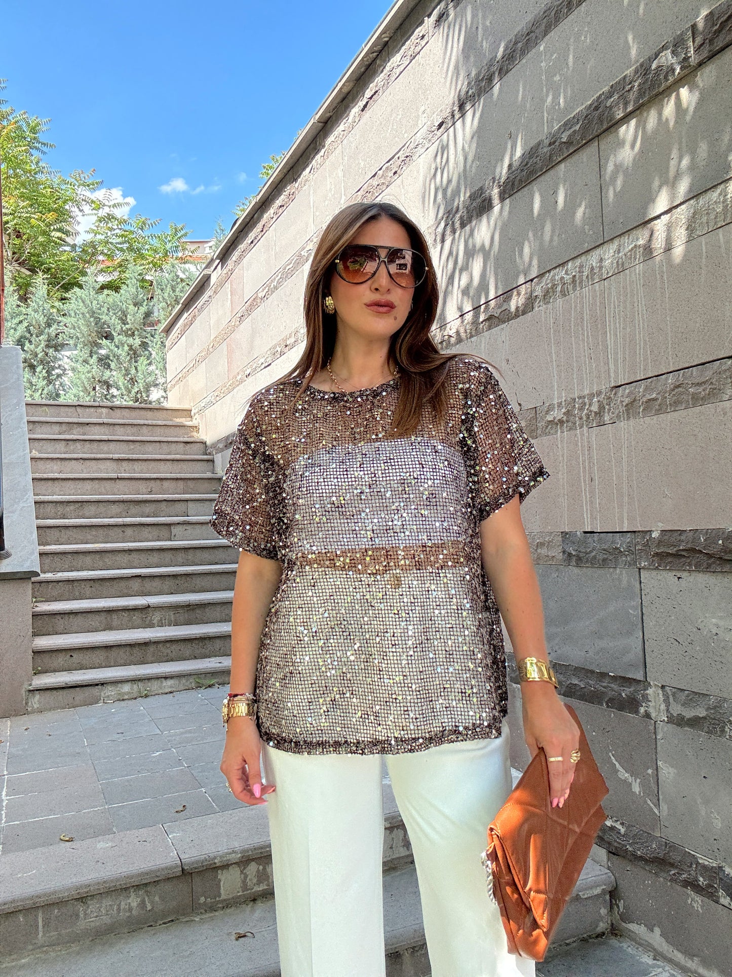 Premium pullu kumaş bluz Kahve