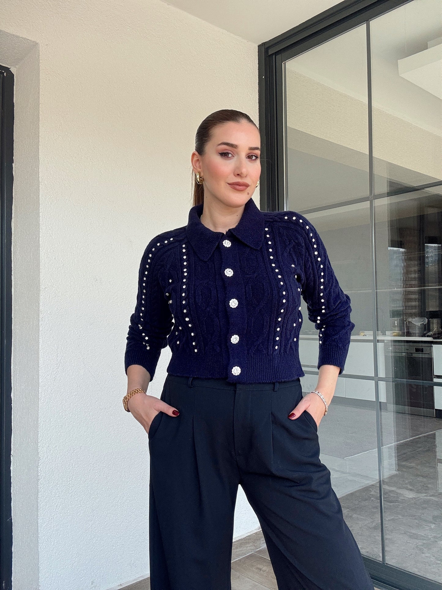 Örgü taşlı ceket-LACİVERT