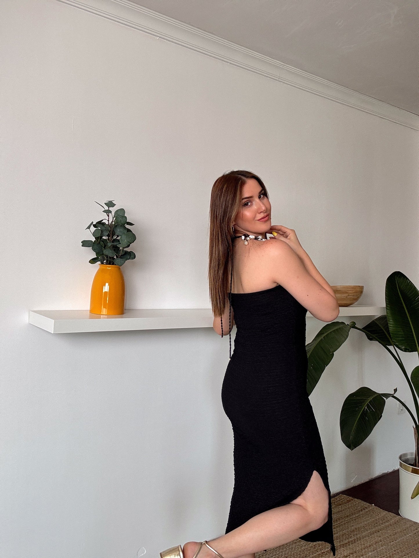 BEYDA straplez yırtmaçlı astarlı elbise SİYAH