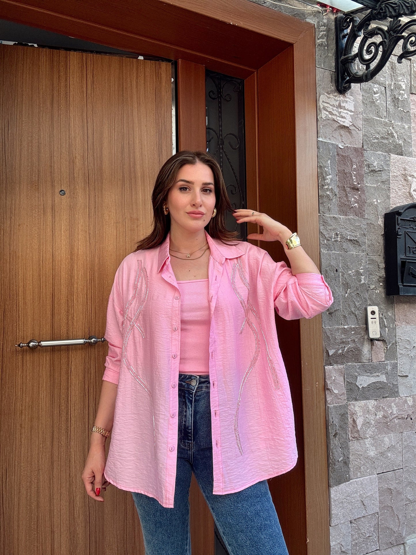 2 Parça Gömlek Atlet Takım Pembe