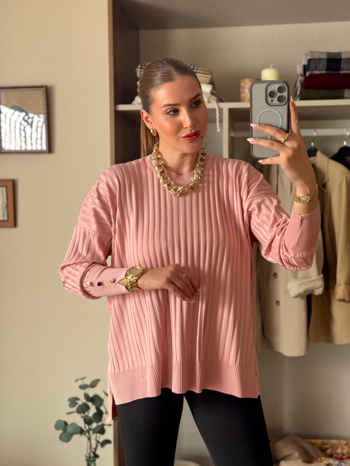 Oversize kesim düğmeli bol kazak Pembe