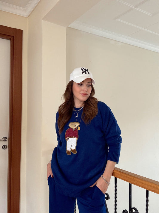 Ayıcık İşleme Yumoş Triko Kazak - SAKS MAVİ