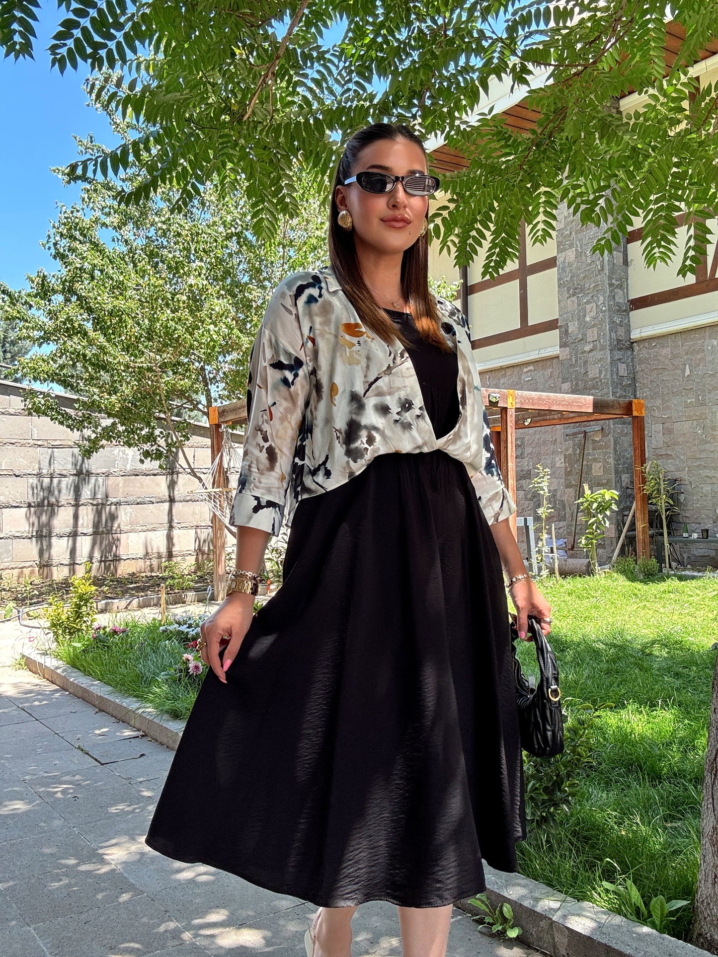 Batik desen gömlekli elbise Siyah