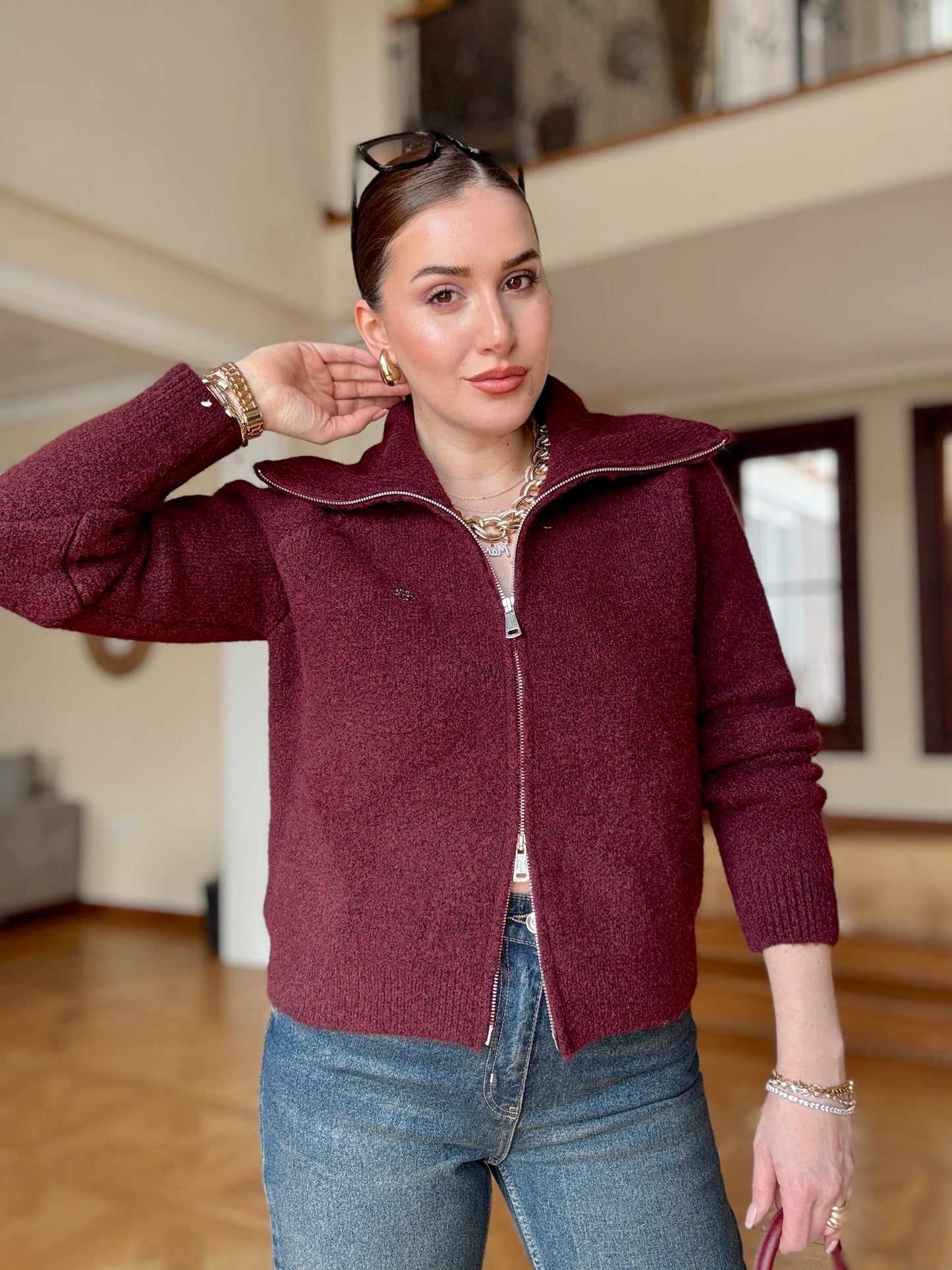 LENA çift fermuarlı triko hırka-BORDO