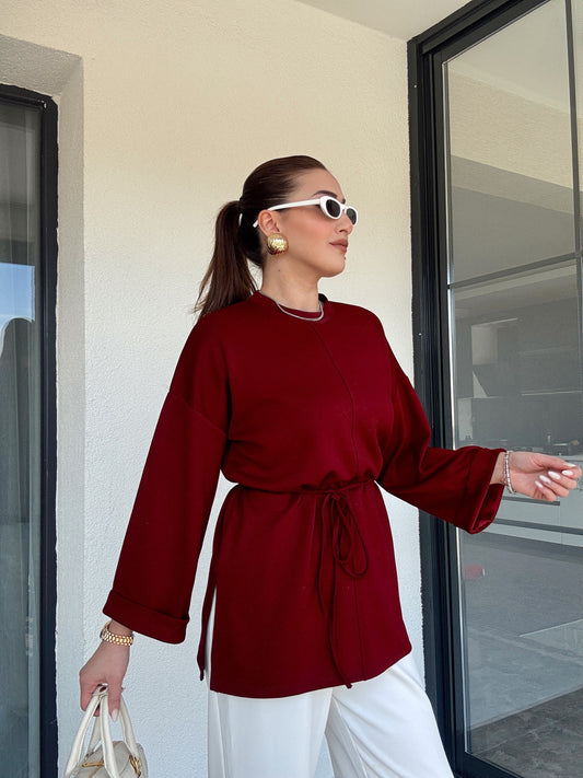 Modal kumaş duble kol tunik-BORDO