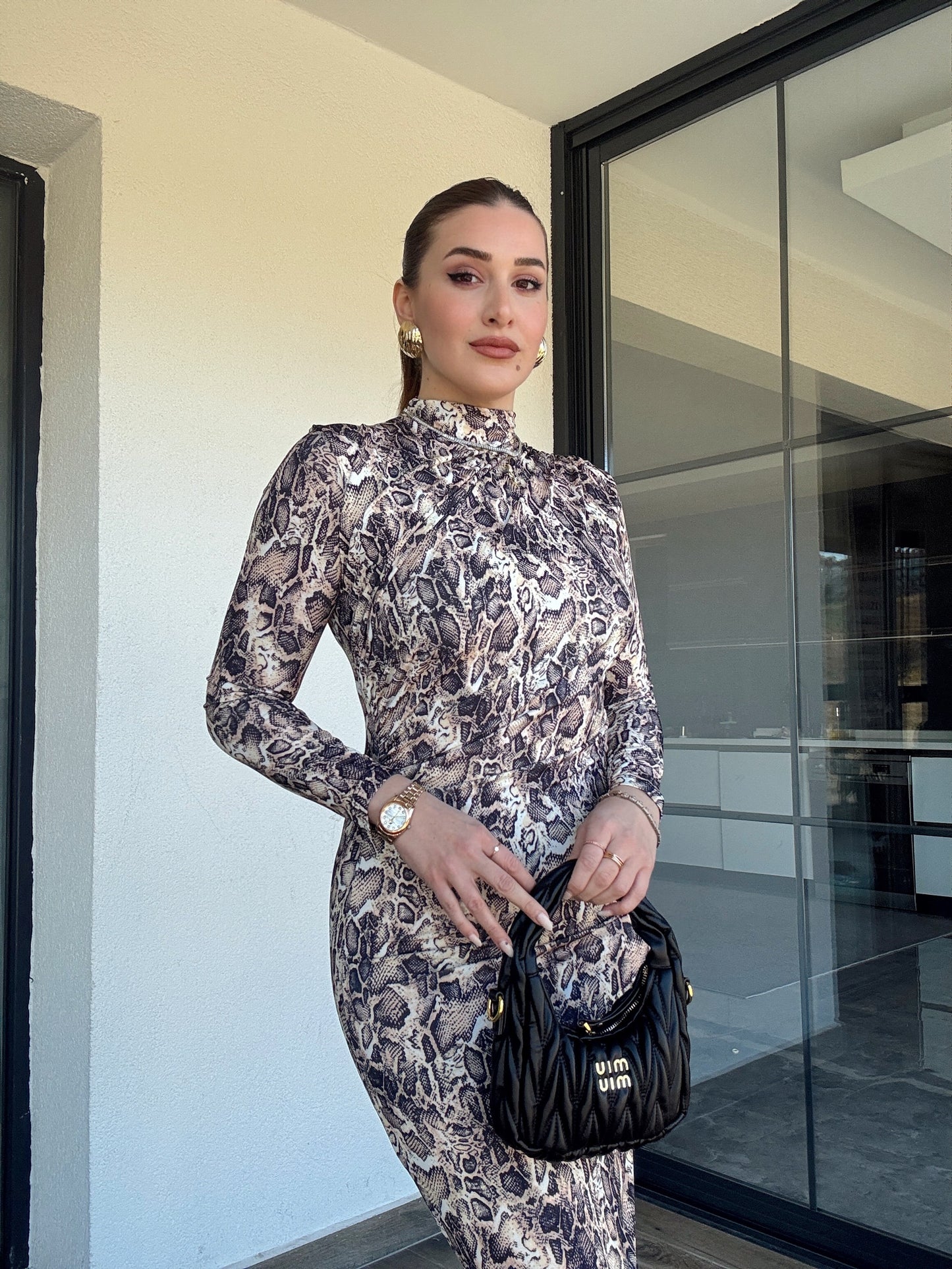 Sandy kumaş drape detaylı SNAKE desen elbise-MİX