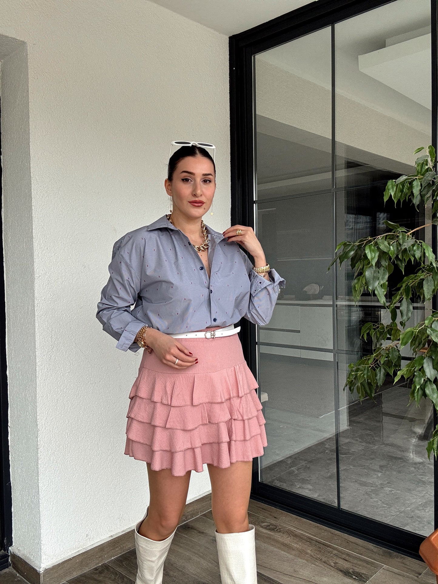 Cotton Çizgili Gömlek - GRİ