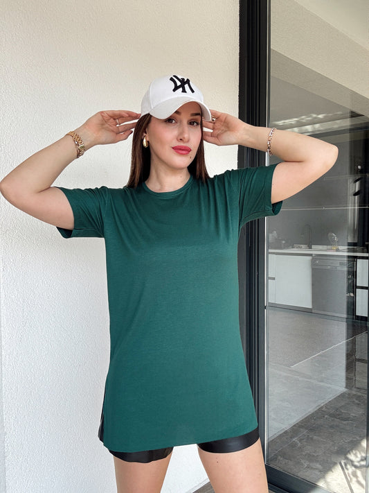 Viskon Sıfır Yaka Kısa Kol Tişört - YEŞİL