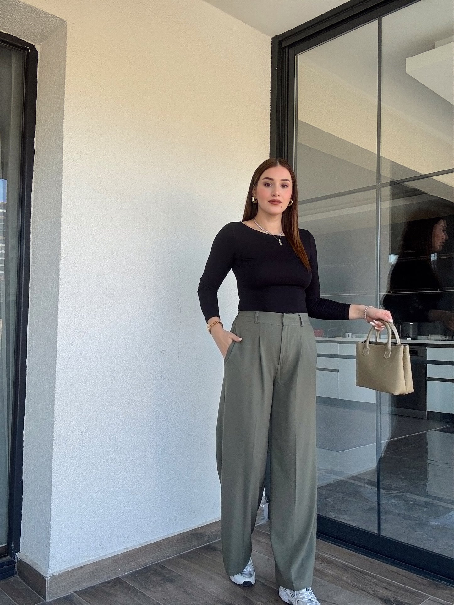 Çıtçıt detaylı palazzo pantolon-HAKİ