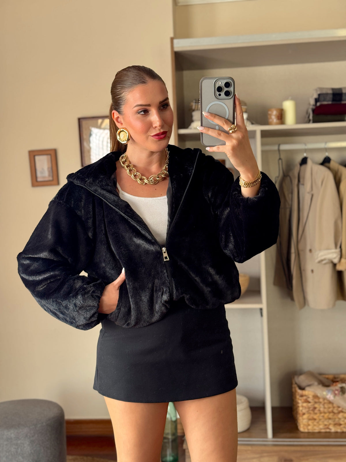 Kapüşonlu Fermuarlı Sakal kumaş Sweatshirt Siyah