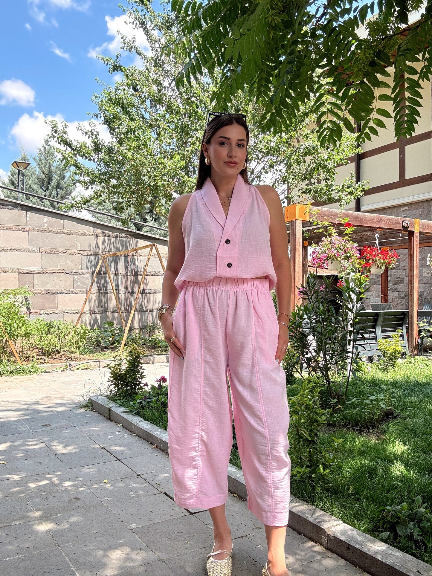 Keten düğmeli sıfır kol takım PEMBE