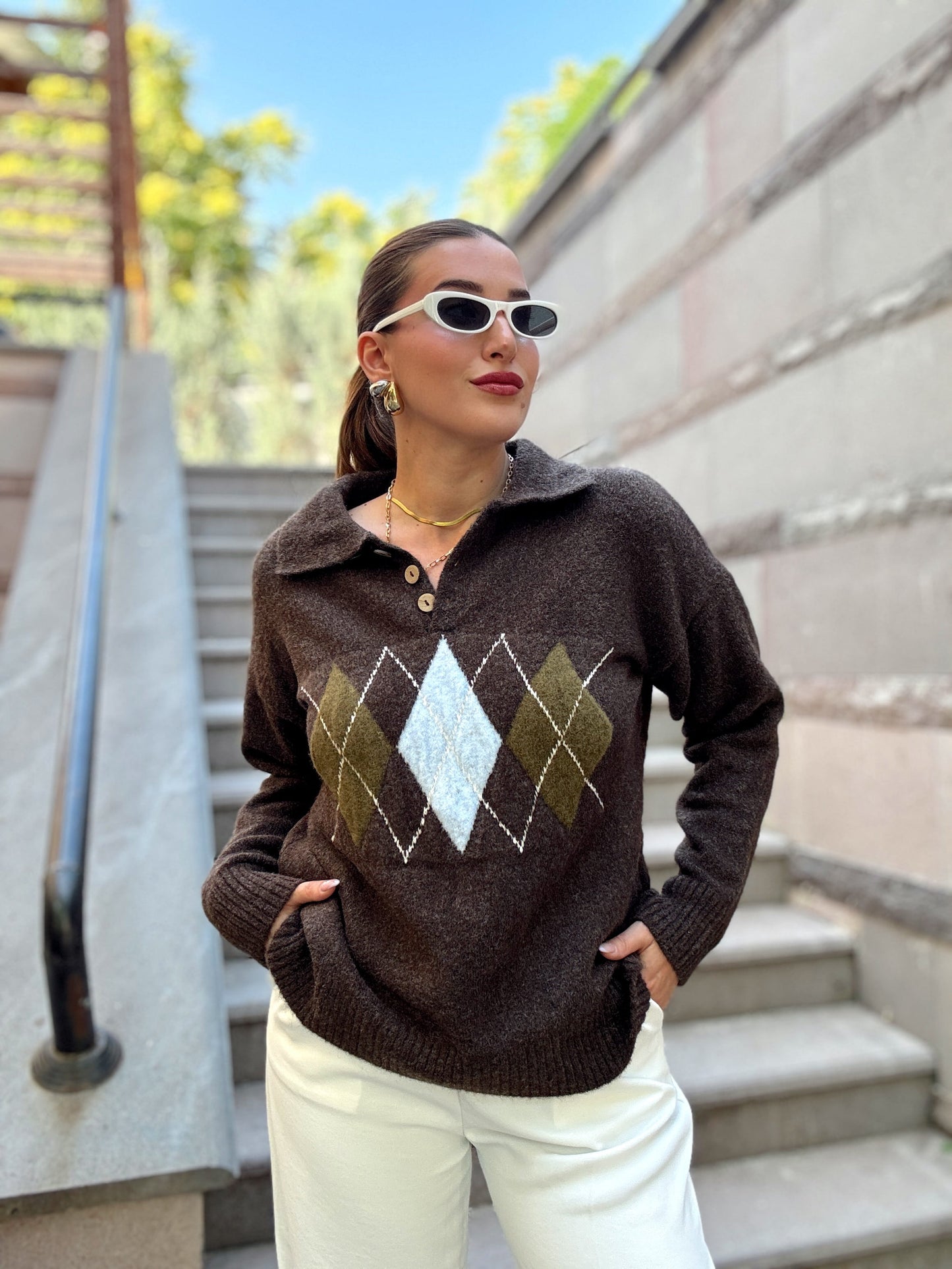 Baklava Desenli Premium Polo yaka kazak Kahve