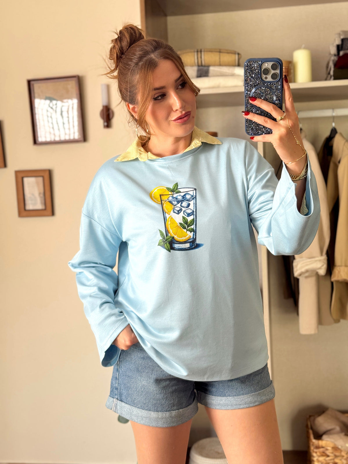 Limon buzlu bardak baskılı oversize modal sweat Mavi