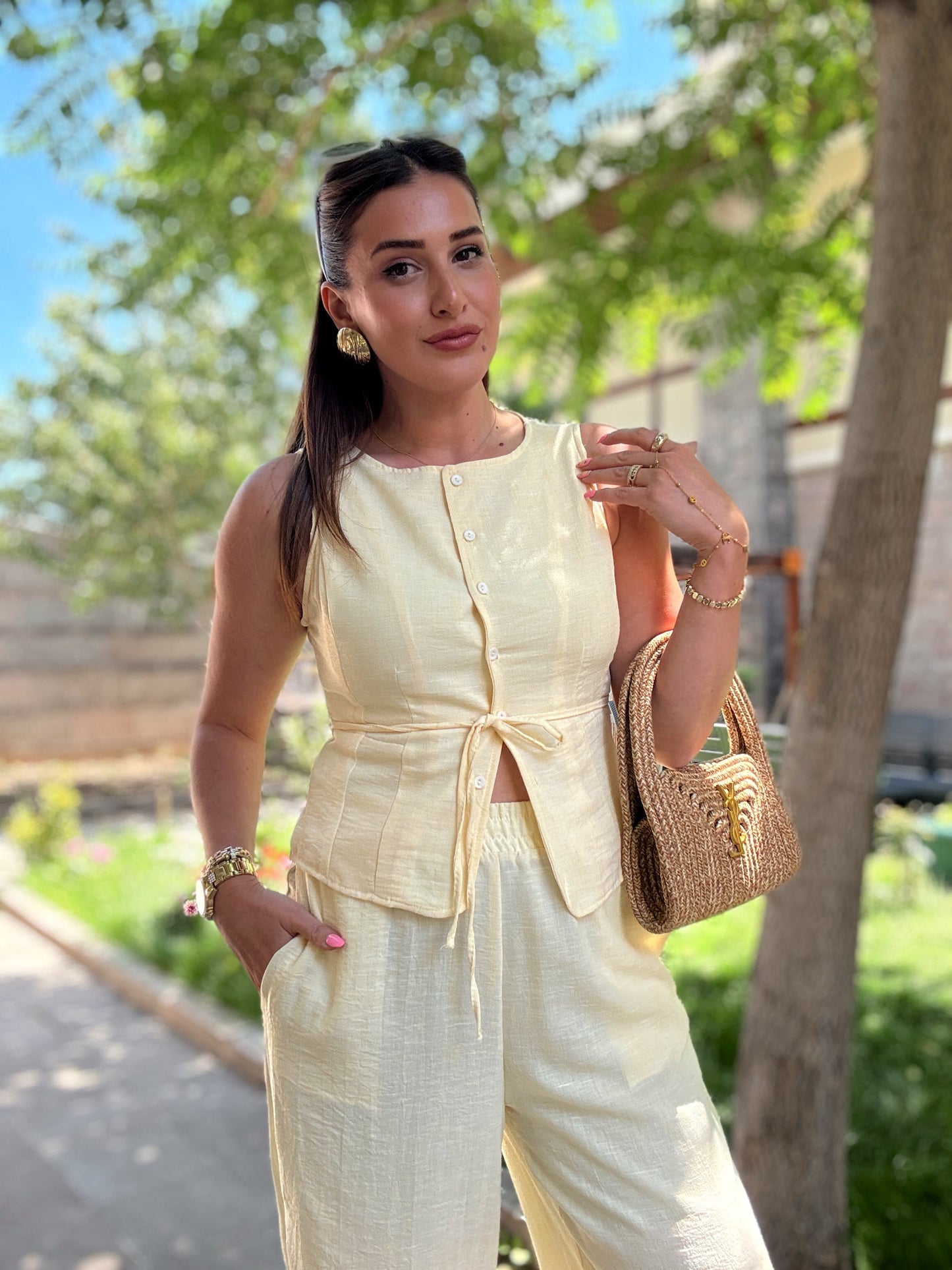 Yelekli bağlama detay keten takım Sarı