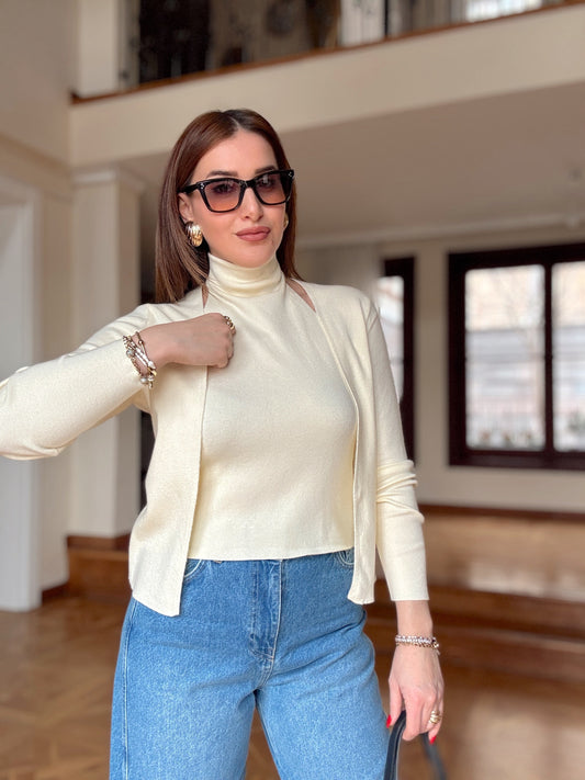 Halter yaka tek parça ceket-KREM