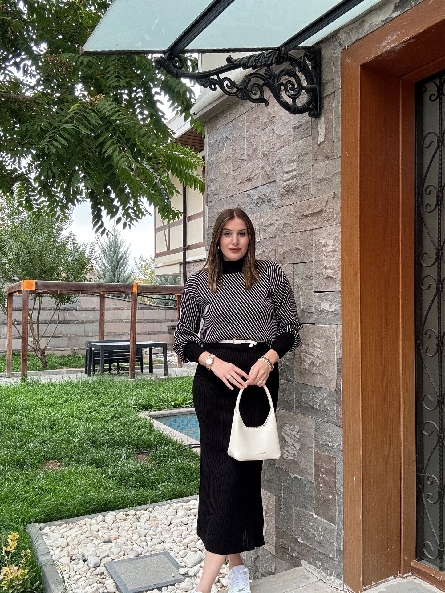 Yatay Çizgili Pikeli Jileli Takım - SİYAH