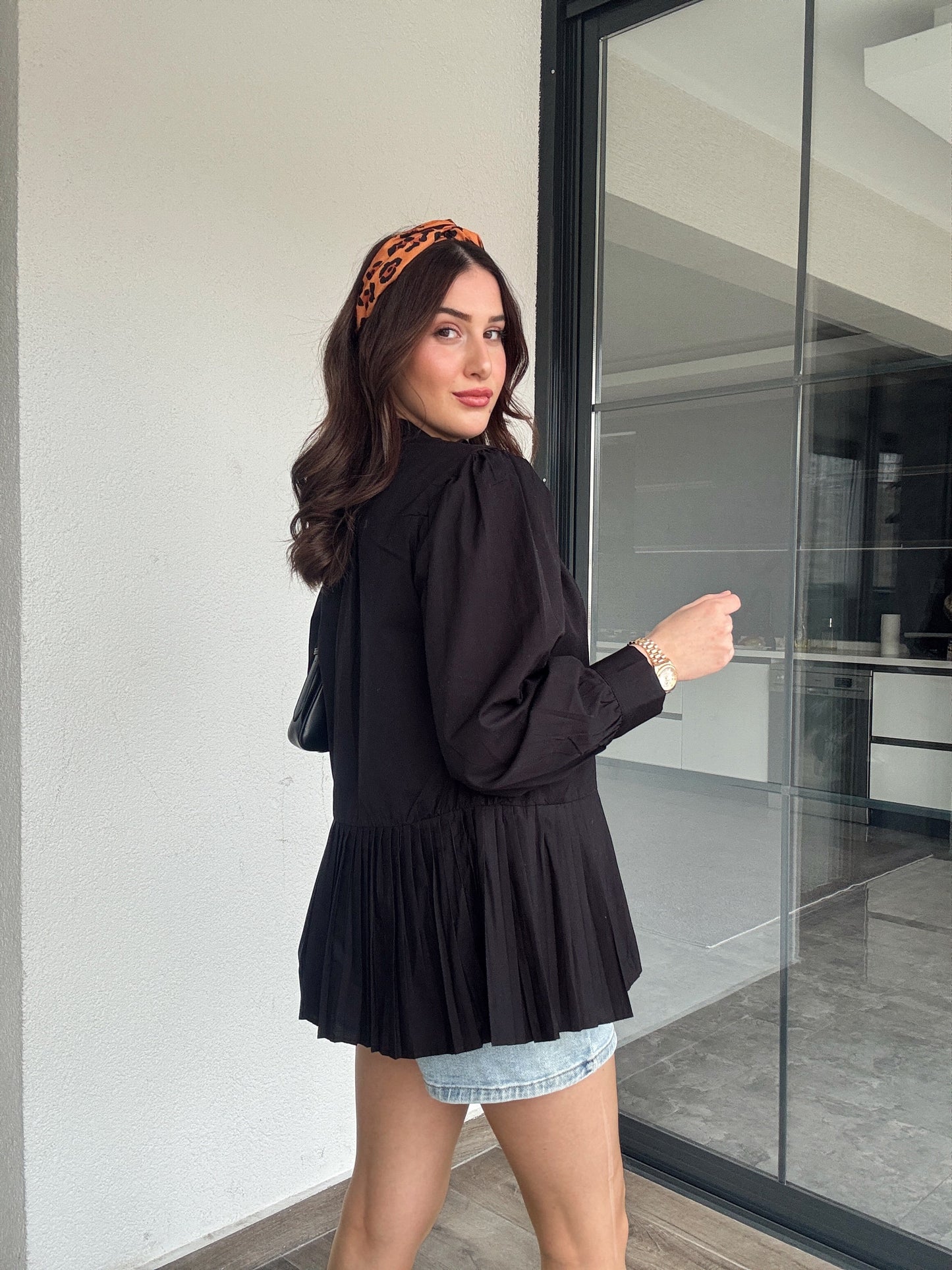 Poplin Pliseli Gömlek - SİYAH