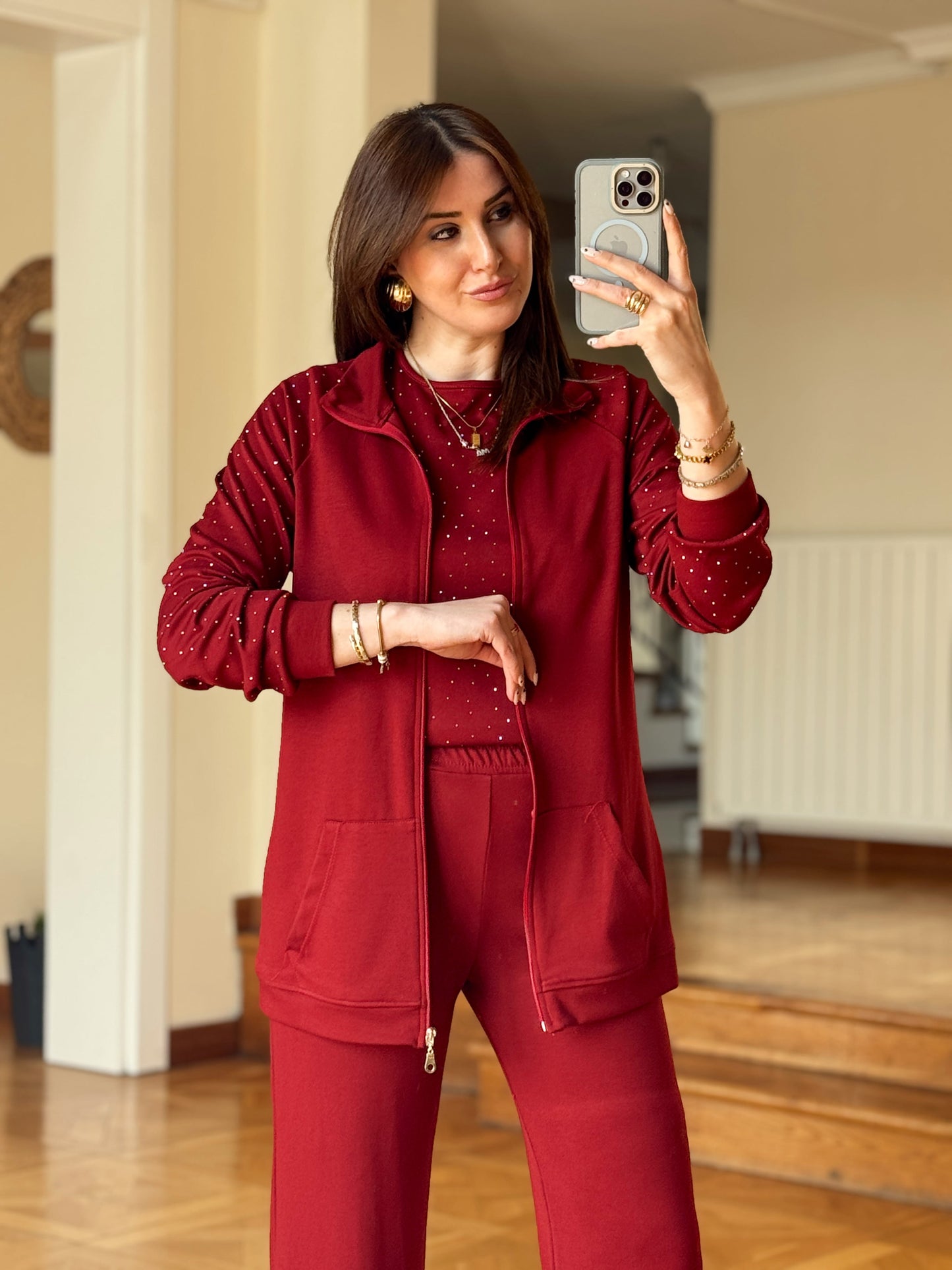 Üçlü Taşlı Oys Takım-BORDO