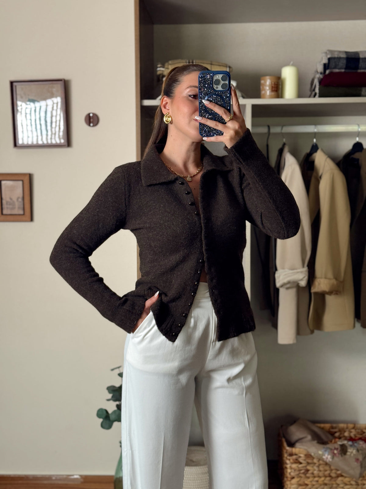 Polo yaka yumoş Pinterest hırka kahverengi