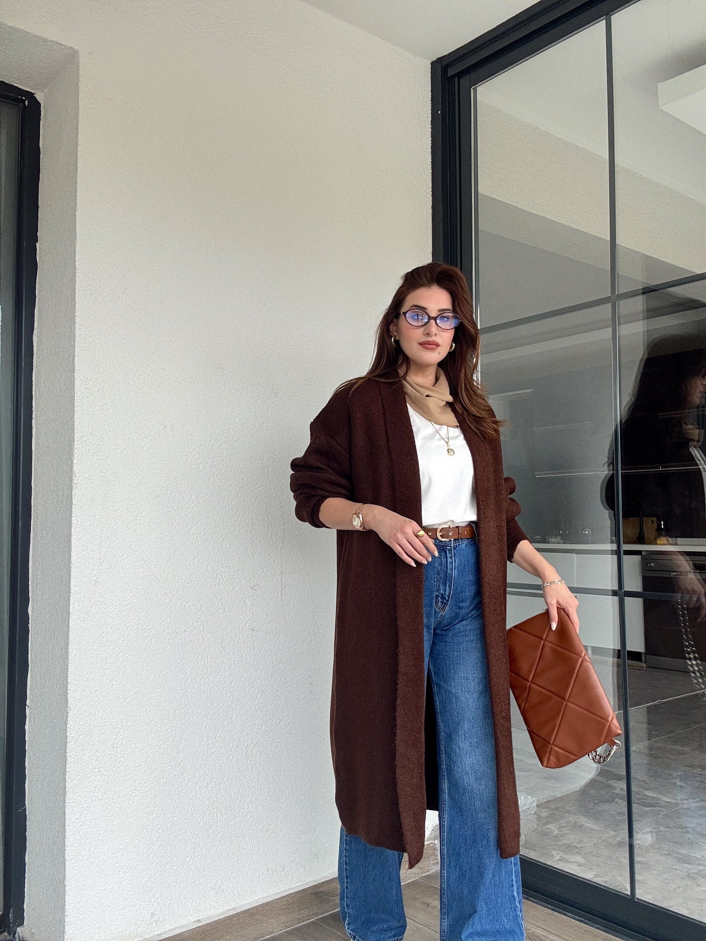 Şardonlu uzun hırka-KAHVERENGİ