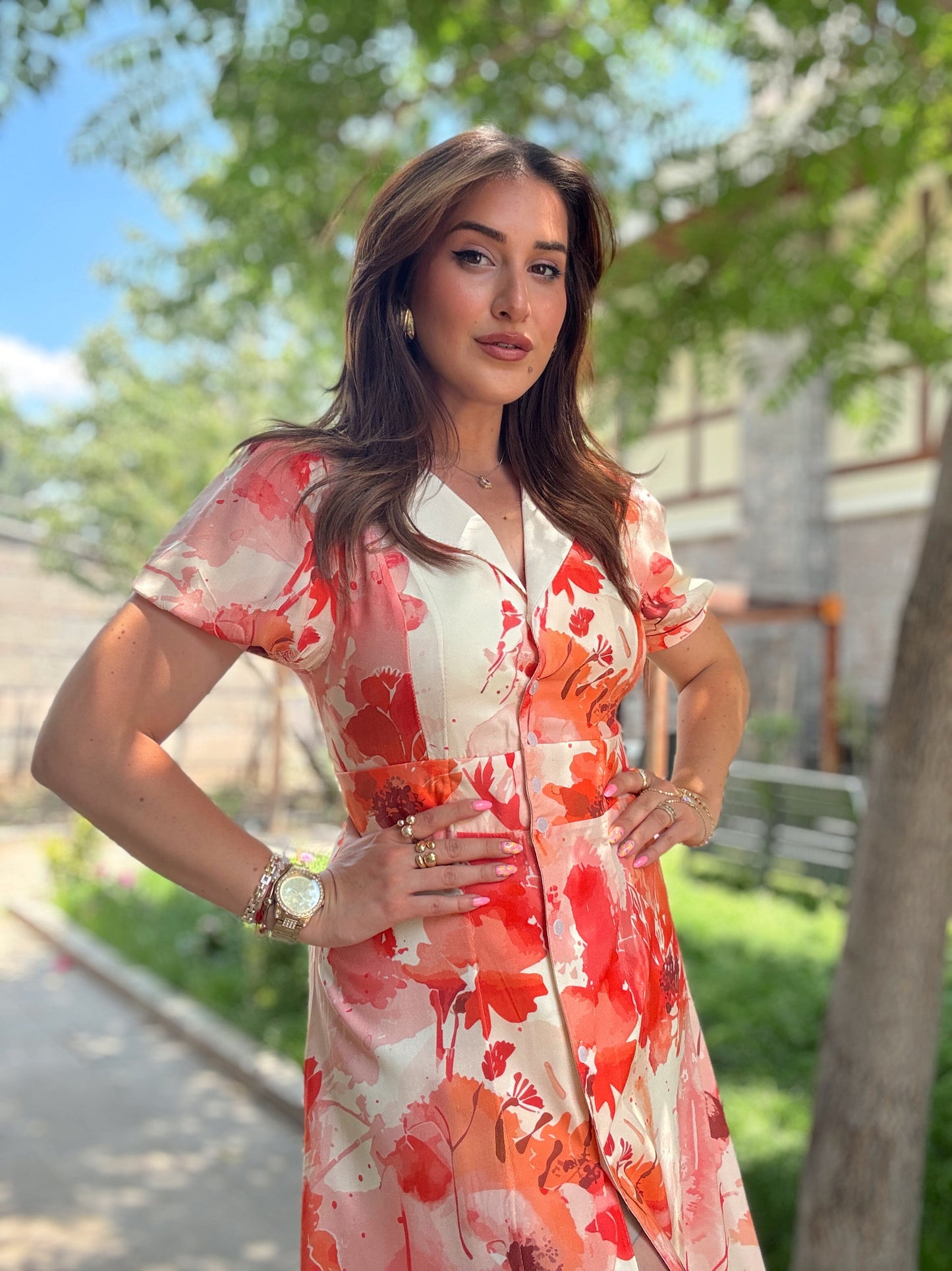 Çiçek desenli elbise Turuncu