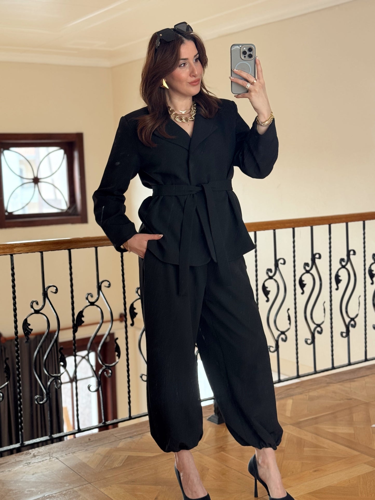 Ceket Kuşaklı Şalvar Takım-SİYAH