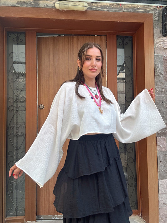 Yarasa kol crop müslin bluz BEYAZ