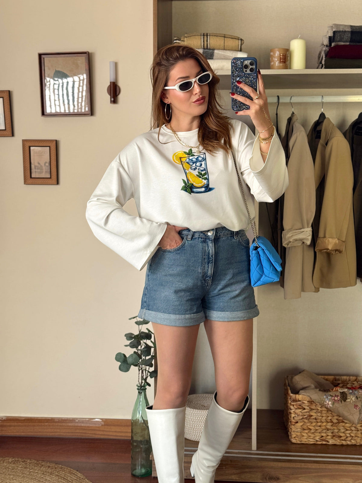 Limon buzlu bardak baskılı oversize modal sweat Beyaz