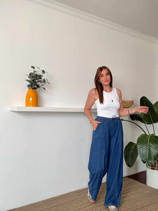 Bol paça lastikli kot pantolon -KOYU MAVİ