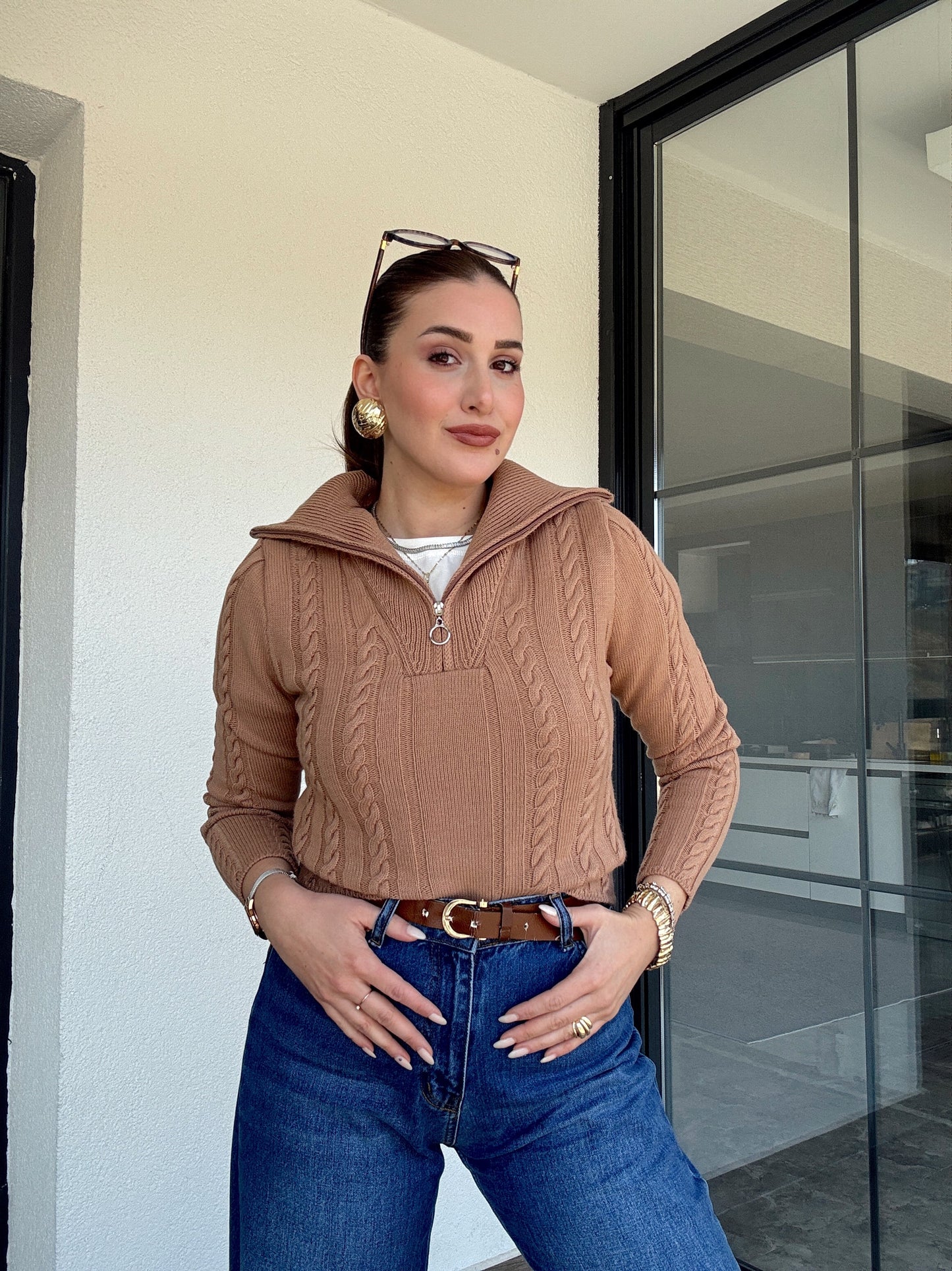 Saç Örgü Fermuarlı Spor Bluz - CAMEL