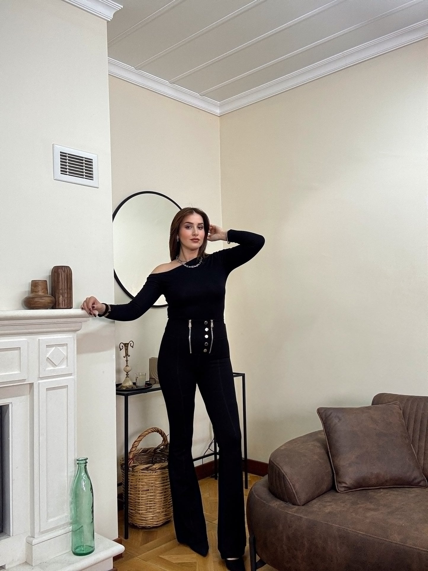 İspanyol paça çift fermuarlı tayt-SİYAH