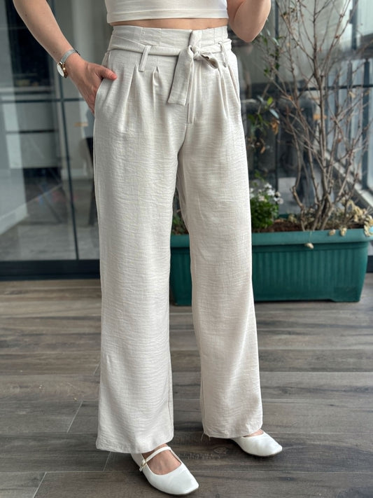 Kuşaklı Keten Pantolon - TAŞ