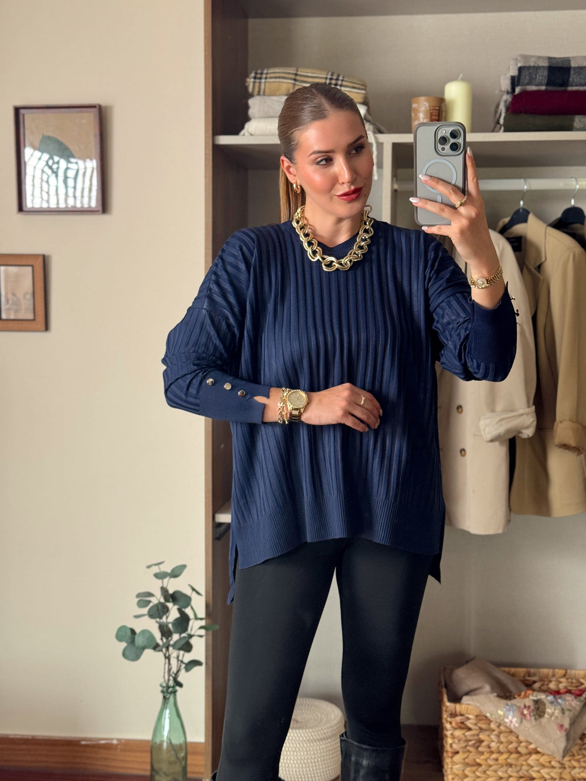 Oversize kesim düğmeli bol kazak Lacivert