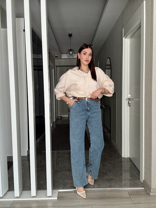 Kemerli Kot Pantolon - MAVİ