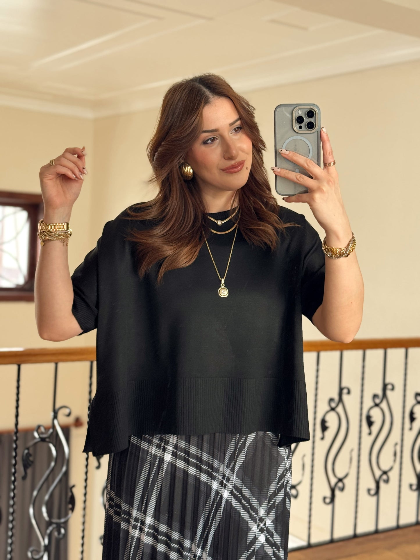 Kısa Kollu Oversize Triko Kazak-SİYAH